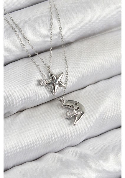 Pirinç Zirkon Taşlı Yıldız ve Ay Model Gümüş Renk Kadın Kolye