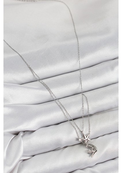 Pirinç Zirkon Taşlı Yıldız ve Ay Model Gümüş Renk Kadın Kolye fiyatları