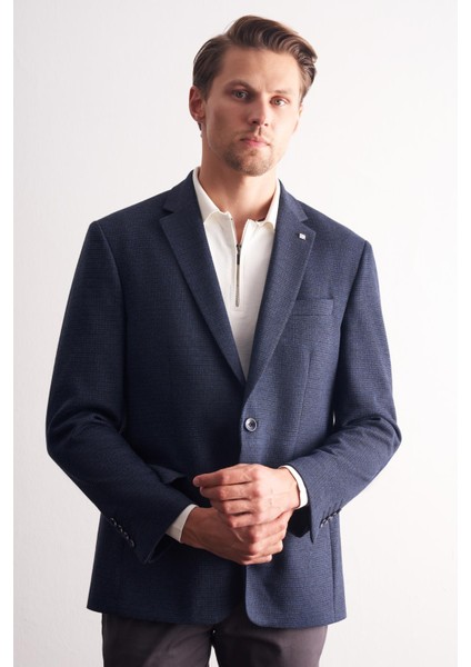 Lacivert Mono Yaka Kendinden Desenli Pamuklu 4 Drop Comfort Fit Classic Ceket 1002255157