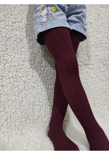 Bordo Örgü Desenli Kız Çocuk Orta Kalın Mevsimli Külotlu Çorap