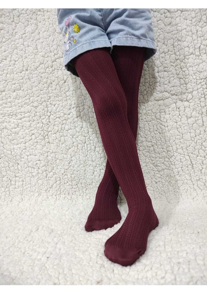 Bordo Örgü Desenli Kız Çocuk Orta Kalın Mevsimli Külotlu Çorap fiyatları