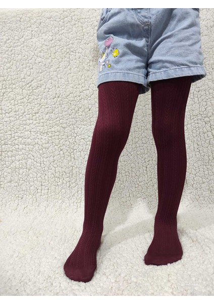 Bordo Örgü Desenli Kız Çocuk Orta Kalın Mevsimli Külotlu Çorap modelleri