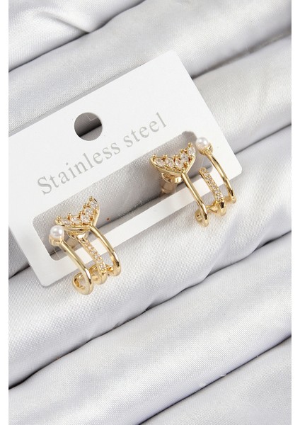 Pirinç Zirkon Taşlı Inci Detaylı Balık Kuyruğu Model Gold Renk Kadın Küpe