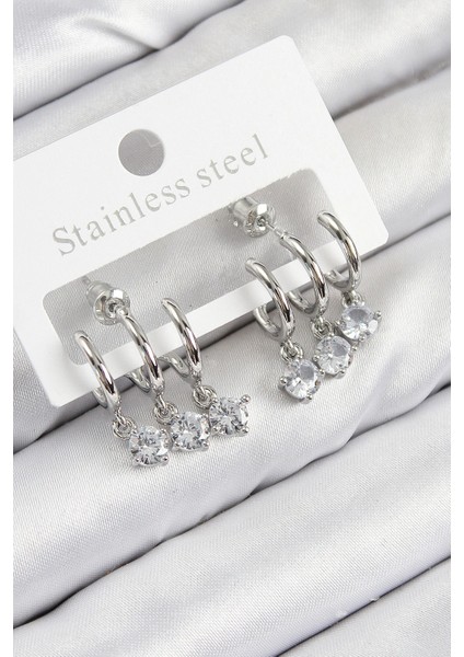 Pirinç Sallantılı Zirkon Taşlı Model Gümüş Renk Kadın Küpe