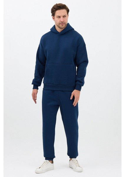 Erkek Pamuklu Eşofman Takımı Oversize Kapüşonlu 3 Iplik Kanguru Cepli Rahat Kesim Lacivert - M