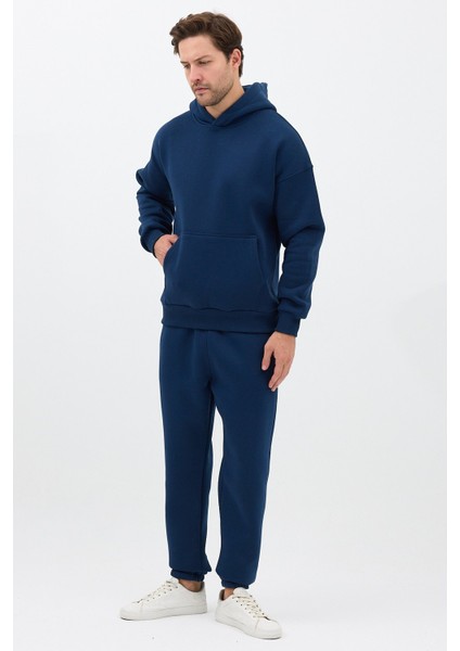 Erkek Pamuklu Eşofman Takımı Oversize Kapüşonlu 3 Iplik Kanguru Cepli Rahat Kesim Lacivert - M fiyatları
