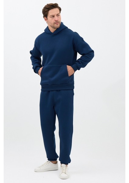 Erkek Pamuklu Eşofman Takımı Oversize Kapüşonlu 3 Iplik Kanguru Cepli Rahat Kesim Lacivert - M modelleri