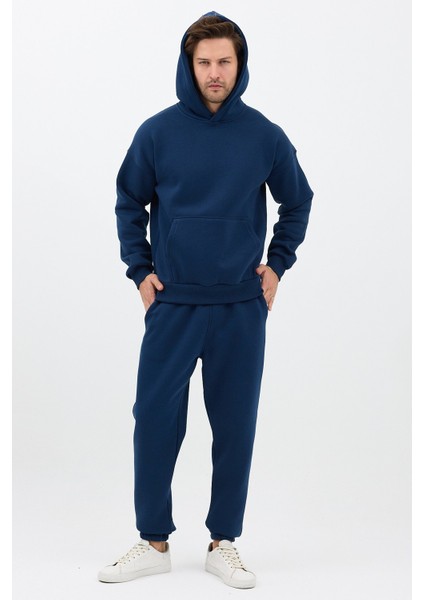 Erkek Pamuklu Eşofman Takımı Oversize Kapüşonlu 3 Iplik Kanguru Cepli Rahat Kesim Lacivert - M indirimleri