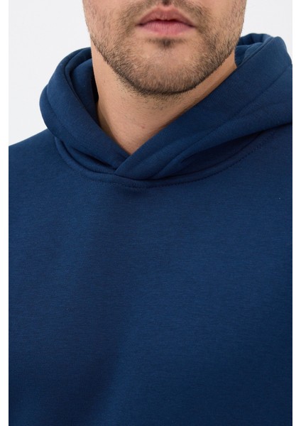 Erkek Pamuklu Eşofman Takımı Oversize Kapüşonlu 3 Iplik Kanguru Cepli Rahat Kesim Lacivert - M