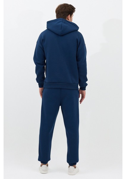 Erkek Pamuklu Eşofman Takımı Oversize Kapüşonlu 3 Iplik Kanguru Cepli Rahat Kesim Lacivert - M