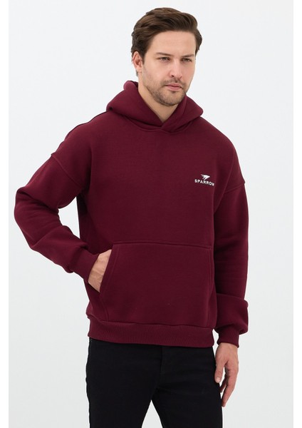 Erkek Oversize Pamuklu Kanguru Cepli Basic 3 Iplik Nakışlı Kapüşonlu Sweatshirt Bordo - 2xl fiyatları