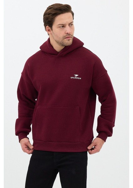 Erkek Oversize Pamuklu Kanguru Cepli Basic 3 Iplik Nakışlı Kapüşonlu Sweatshirt Bordo - 2xl modelleri