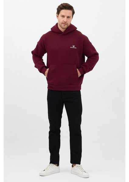 Erkek Oversize Pamuklu Kanguru Cepli Basic 3 Iplik Nakışlı Kapüşonlu Sweatshirt Bordo - 2xl fırsatları