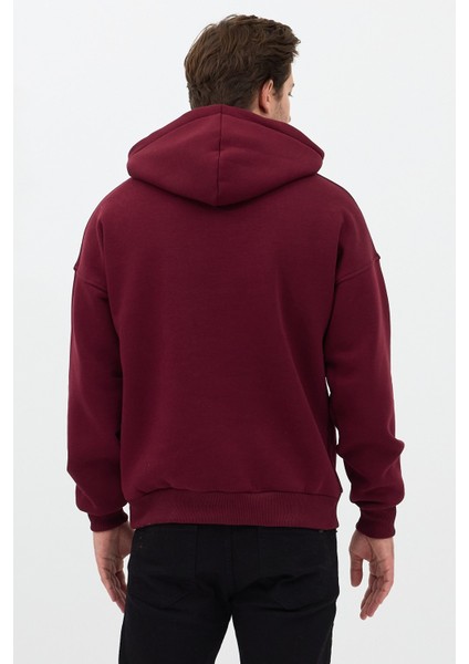 Erkek Oversize Pamuklu Kanguru Cepli Basic 3 Iplik Nakışlı Kapüşonlu Sweatshirt Bordo - 2xl indirimleri