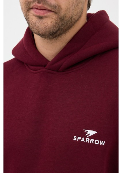 Erkek Oversize Pamuklu Kanguru Cepli Basic 3 Iplik Nakışlı Kapüşonlu Sweatshirt Bordo - 2xl