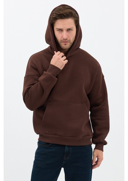 Erkek Oversize Pamuklu Kanguru Cepli 3 Iplik Basic Kapüşonlu Sweatshirt Kahverengi - 2xl