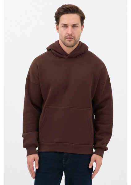 Erkek Oversize Pamuklu Kanguru Cepli 3 Iplik Basic Kapüşonlu Sweatshirt Kahverengi - 2xl fiyatları