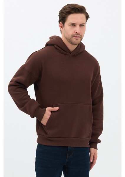 Erkek Oversize Pamuklu Kanguru Cepli 3 Iplik Basic Kapüşonlu Sweatshirt Kahverengi - 2xl modelleri