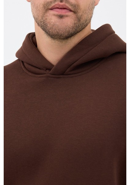 Erkek Oversize Pamuklu Kanguru Cepli 3 Iplik Basic Kapüşonlu Sweatshirt Kahverengi - 2xl indirimleri