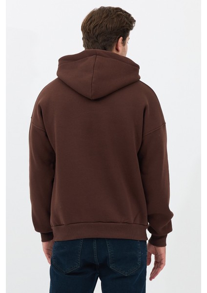 Erkek Oversize Pamuklu Kanguru Cepli 3 Iplik Basic Kapüşonlu Sweatshirt Kahverengi - 2xl