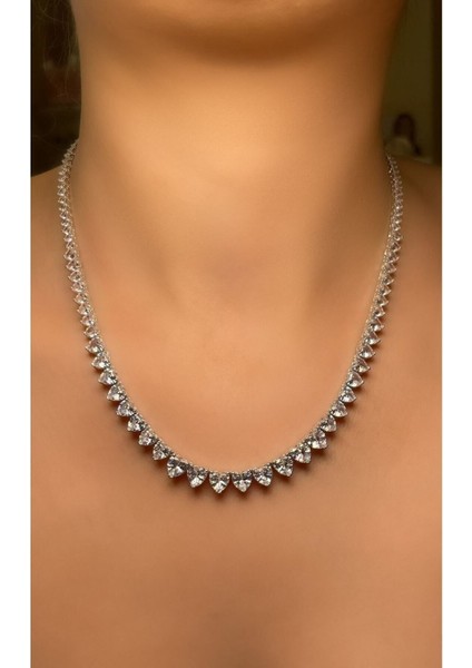 Büyükten Küçüğe Sıralı Kalpli Su Yolu Kolye 925 Ayar Gümüş