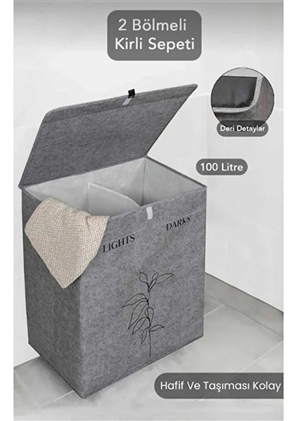 2 Gözlü Kompakt Kapaklı Derili Çamaşır Sepeti -Katlanabilir Dayanıklı 100LT 53 x 33 x 60 cm