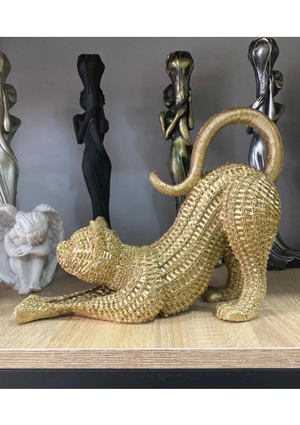 Dekoratif Hasır Dokuda Tasarlanmış Esneyen Kedi Biblo Sevimli Kedi Heykeli