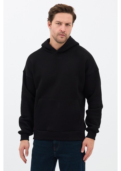 Erkek Oversize Pamuklu Kanguru Cepli 3 Iplik Basic Kapüşonlu Sweatshirt Siyah - Xl