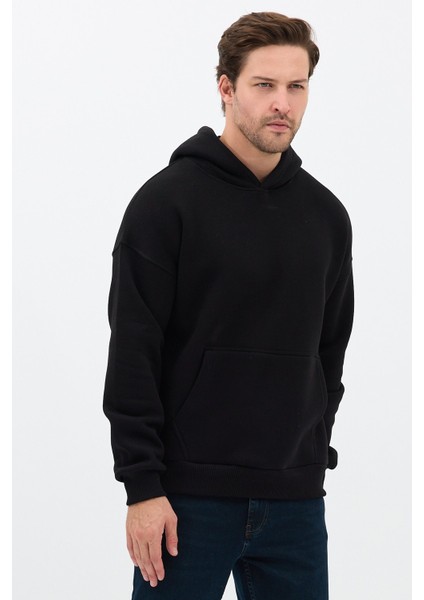 Erkek Oversize Pamuklu Kanguru Cepli 3 Iplik Basic Kapüşonlu Sweatshirt Siyah - Xl fiyatları
