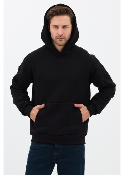 Erkek Oversize Pamuklu Kanguru Cepli 3 Iplik Basic Kapüşonlu Sweatshirt Siyah - Xl fırsatları