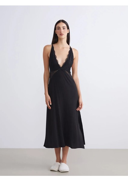 Dream V Yaka Dantel Detaylı Slim/dar Kesim Askılı Siyah Kadın Fantezi Gecelik fırsatları