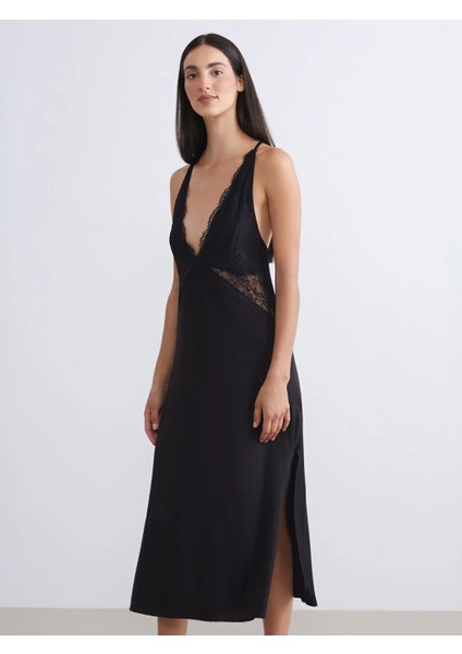 Dream V Yaka Dantel Detaylı Slim/dar Kesim Askılı Siyah Kadın Fantezi Gecelik indirimleri