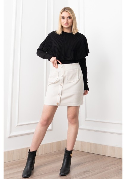 Chic Süs Düğme Detaylı Mini Kaşe Etek 6824