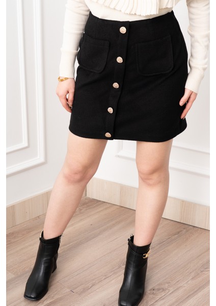 Chic Süs Düğme Detaylı Mini Kaşe Etek 6824