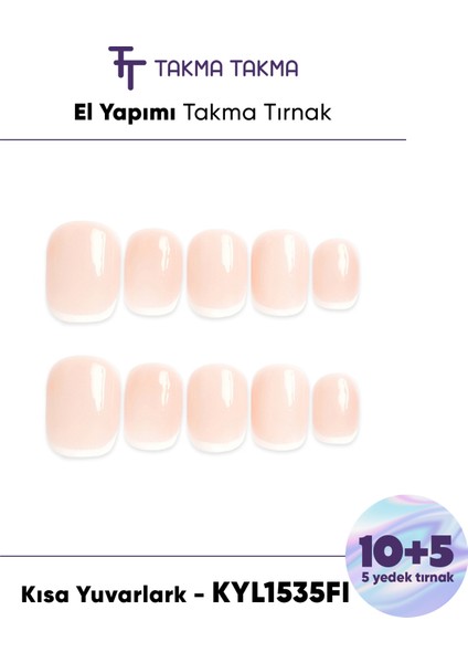 15'li Ten Rengi Kısa Yuvarlark KYL1535FI Tekrar Kullanılabilir El Yapımı Protez Takma Tırnak - Ten Rengi-S