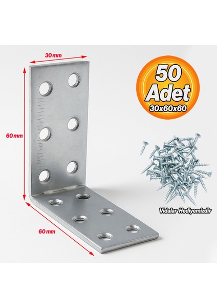 L Demir Gönye 30X60X60 mm ( 50 Adet ) Metal Mobilya Bağlantı Aparatı Köşe Raf Sabitleme Demiri