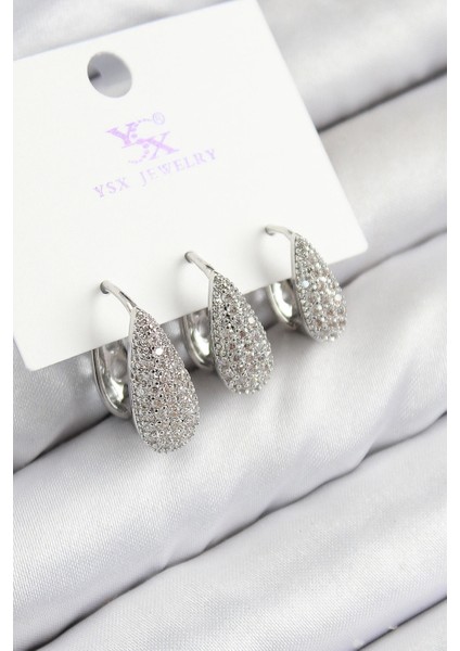 Pirinç Zirkon Taşlı 3'lü Damla Model Gümüş Renk Kadın Küpe