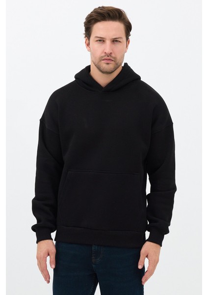 Erkek Oversize Pamuklu Kanguru Cepli 3 Iplik Basic Kapüşonlu Sweatshirt Siyah - Xl indirimleri