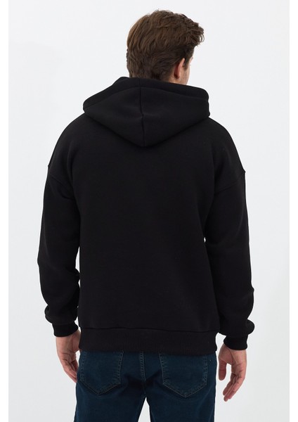 Erkek Oversize Pamuklu Kanguru Cepli 3 Iplik Basic Kapüşonlu Sweatshirt Siyah - Xl