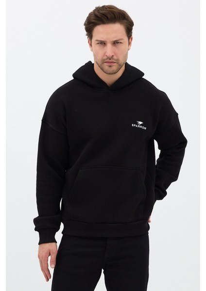 Erkek Oversize Pamuklu Kanguru Cepli Basic 3 Iplik Nakışlı Kapüşonlu Sweatshirt Siyah - M