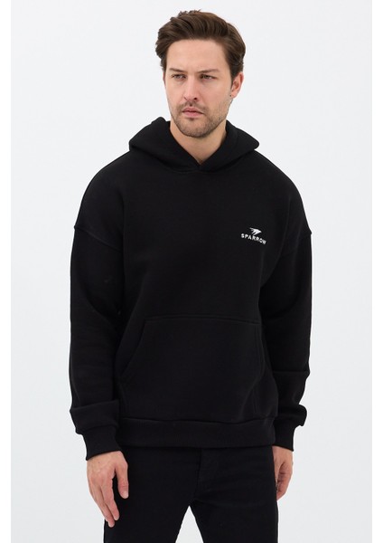 Erkek Oversize Pamuklu Kanguru Cepli Basic 3 Iplik Nakışlı Kapüşonlu Sweatshirt Siyah - M fiyatları