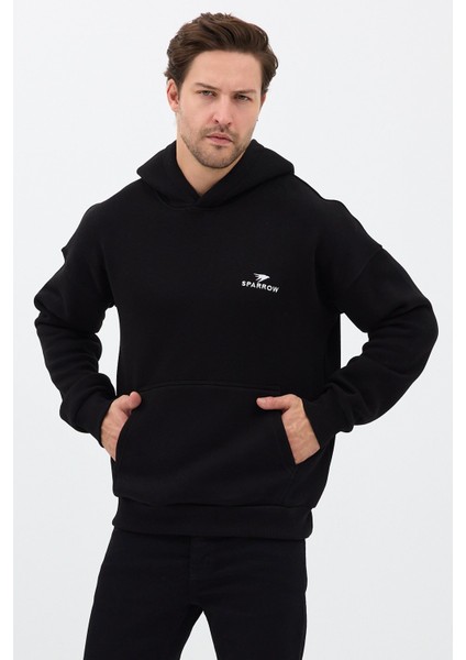 Erkek Oversize Pamuklu Kanguru Cepli Basic 3 Iplik Nakışlı Kapüşonlu Sweatshirt Siyah - M modelleri
