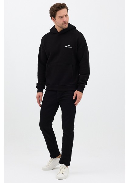 Erkek Oversize Pamuklu Kanguru Cepli Basic 3 Iplik Nakışlı Kapüşonlu Sweatshirt Siyah - M fırsatları