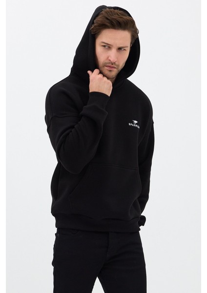 Erkek Oversize Pamuklu Kanguru Cepli Basic 3 Iplik Nakışlı Kapüşonlu Sweatshirt Siyah - M indirimleri