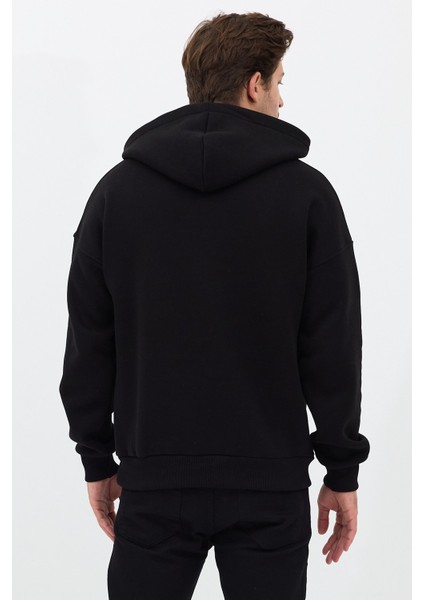 Erkek Oversize Pamuklu Kanguru Cepli Basic 3 Iplik Nakışlı Kapüşonlu Sweatshirt Siyah - M