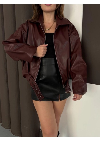 Astarlı Kemerli Bomber Deri Ceket Bordo fiyatları