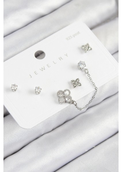 Pirinç Zirkon Taşlı Yonca Model Gümüş Renk 925 Ayar Gümüş Çivi Kadın Küpe Set