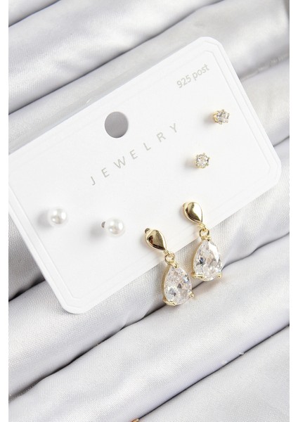 Pirinç Zirkon Taşlı Sallantılı Damla Model Gold Renk 925 Ayar Gümüş Çivi Kadın Küpe Set