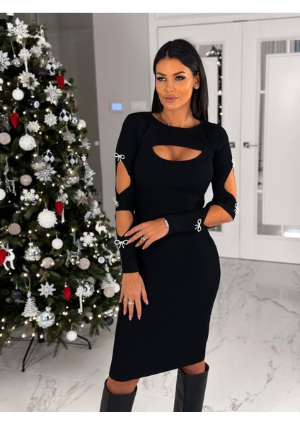 Kadın Dekolte Detaylı Scuba Dalgıç Kumaş Taş Aksesuarli Elbise Siyah-Standart fırsatları