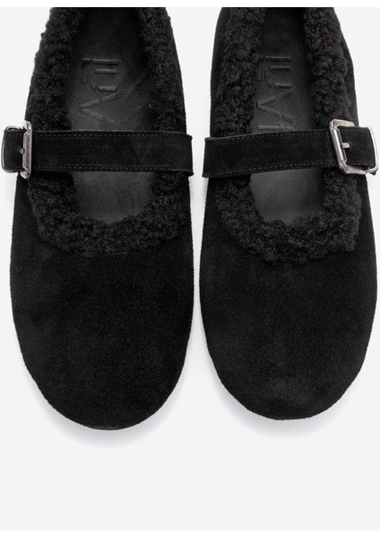 Guın Siyah Süet Hakiki Deri Peluş Detaylı Kemerli Kadın Babet Ayakkabı fiyatları